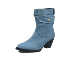 Woodlow Womens Non-Slip Block Boots Boots Кръг пръст Зимни обувки Парти модни токчета Средния Калф обувка синьо 8
