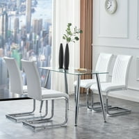 Модерен стол за хранене с крак за покритие, PU кожен страничен стол от възглавница с висок гръб с вертикална ивица на облегалката за трапезария, комплект от 4, бяло