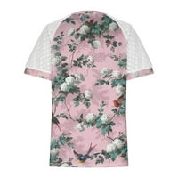 Sksloeg ризи за жени модерни облечени ежедневни върхове дантелени винтидж цветни печат върхове бутер къси ръкави блузи v тениски на шията, розово m