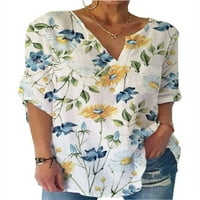 Жени лятна флорална тениска хлабав кратс с къси ръкави V-образно деколте ежедневно риза