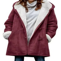 Женски палто с качулка плюс размер на склонене с руно подплата рог копчета с джобове Зимни топли якета на шерпа