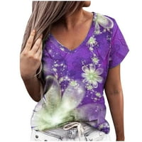 Fashion Women's Summer V-Neck с късо ръкав принт Небрежна тениска блуза тренировка тениски ризи за жени, лилаво, s