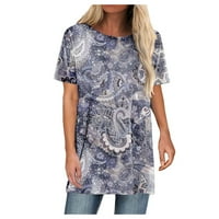 Дамски ризи женски етнически стил отпечатан цветен блок сплайсинг кръгла шия с къс ръкав тениска отгоре синьо xxxl