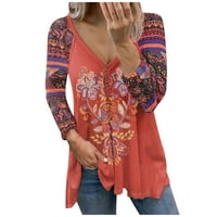Жени плюс разтвор за размери Жените небрежни сплайсинг V-образно печат за хеджиране на блуза с дълги ръкави ризи върхове флаш избира червено 4