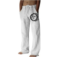 Ecqkame Linen Pants for Men Loose Fit Летен памучен спално бельо с широки панталони от печат отпечатани дантели нагоре за свободното време спортни празнични панталони бял клирънс продажба