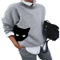 Gianlook дамски дълъг ръкав плетен пуловер котка печат ежедневен пуловер джъмперни върхове зимни свободни годни ревери в блузи
