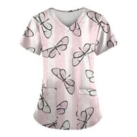 Tking Fashion Womens Scrubs плюс размер с къс ръкав v Врат отпечатани върхове Разхлабени кърмещи работи Униформени ризи с джобно розово 5xl