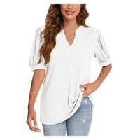 Женски върхове V-образни жени блуза свободни годни ризи с твърд цвят къс ръкав лято бяло 2xl