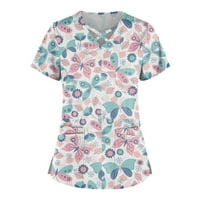 Tking Fashion Women Plus Sibs Scrubs Top V-Neck с къси ръкави отпечатани джобове Работа Блуза за жени Розово 3XL