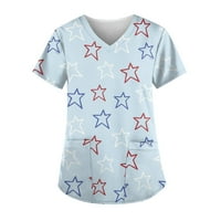 Sksloeg печат с извлечения за жени, червено бяло синя звезда ивица отпечатана работеща униформа два джоба медицинска сестра униформа тениска v-образно декол