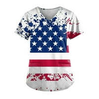 Sksloeg Женски скраб върхове Американски флаг Star Print Patriotic Top V-образно деколте с тениски с къс ръкав с джобове, работещи работеща униформа, бял XL