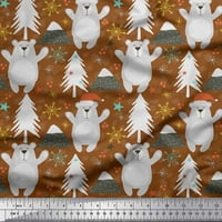 Soimoi Brown Polyester Crepe Fabric Snowflake & Bear Cartoon Fabric отпечатъци по двор