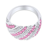 Кръгла кройка симулиран розов сапфир и бял натурален диамантен сватбен пръстен в 14K бяло злато над стерлингов сребърен пръстен размер-9.5