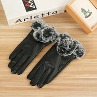 YesBay Outdoor Winter Women Windproof Touch Screen Топла фау кожена ръкавици с пълни пръсти-черни
