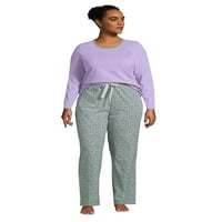 Lands's End Women's Plus Size Knit Pajame Set тениска и панталони с дълъг ръкав