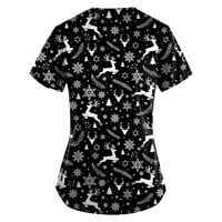 Днешните сделки Clearance Женски върхове отпечатани коледни скрабки с джобове, 3D карикатурен графичен принт v риза с къс ръкав, черно, XL