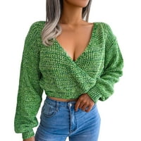 Дамски есен зима цветна дълъг ръкав v врата отворен пуловер пуловер за пуловери за жени пуловер на пуловер зелено m