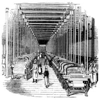 Текстилно производство, 1830 г. NCOTTON LOOMS в Lancashire Mill. Гравиране на линия, английски. Печат на плакат от