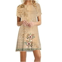 Жени бохо смяна тениска рокля проста разхлабена тениска рокля етнически стил флорален отпечатан слънчев рокля Crewneck Beach рокля