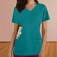 Odeerbi сладки скраб върхове за жени модни v-образни деколте с къси ръкави тениска печат разхлабена блуза небесно синьо